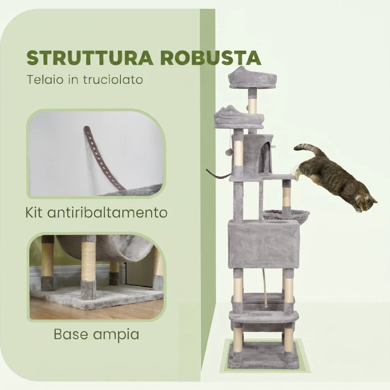 PawHut Albero per Gatti Alto 206 cm con 4 Pali Graffiatoi, Grotte, Cesti, Amache, per 1-3 Gattini 6 kg, Grigio Chiaro