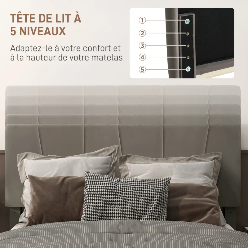 HOMCOM Cadre de lit double 140 x 190 cm lit 2 personnes tête de lit réglable sommier 150 x 198 x 100/105/110/115/120 cm gris