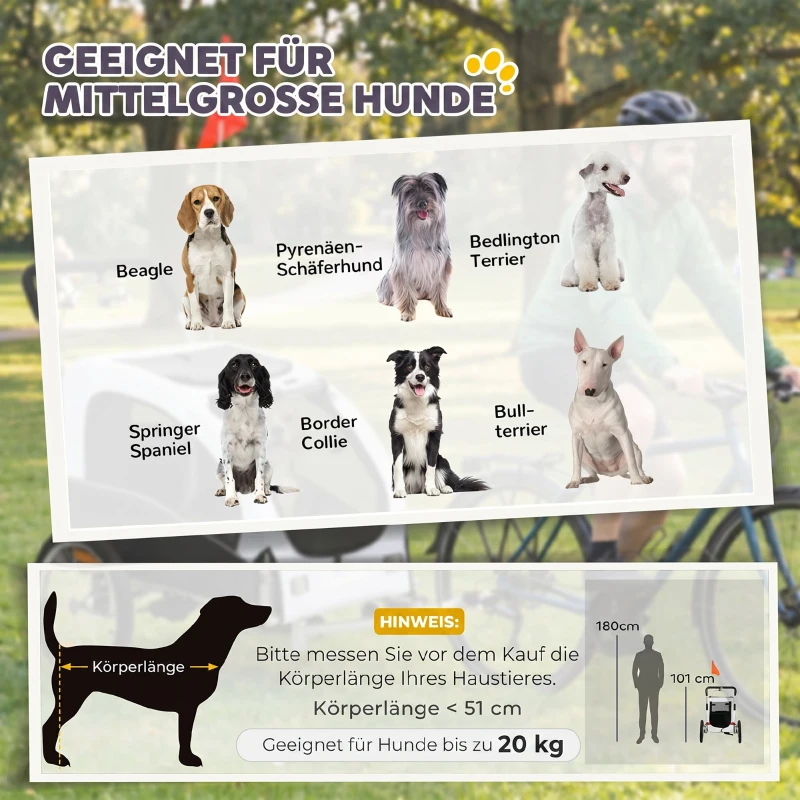 PawHut 2-in-1 Hundeanhänger für Fahrrad Faltbarer Hundebuggy für kleine & mittelgroße Hunde bis 20 kg, Weiß