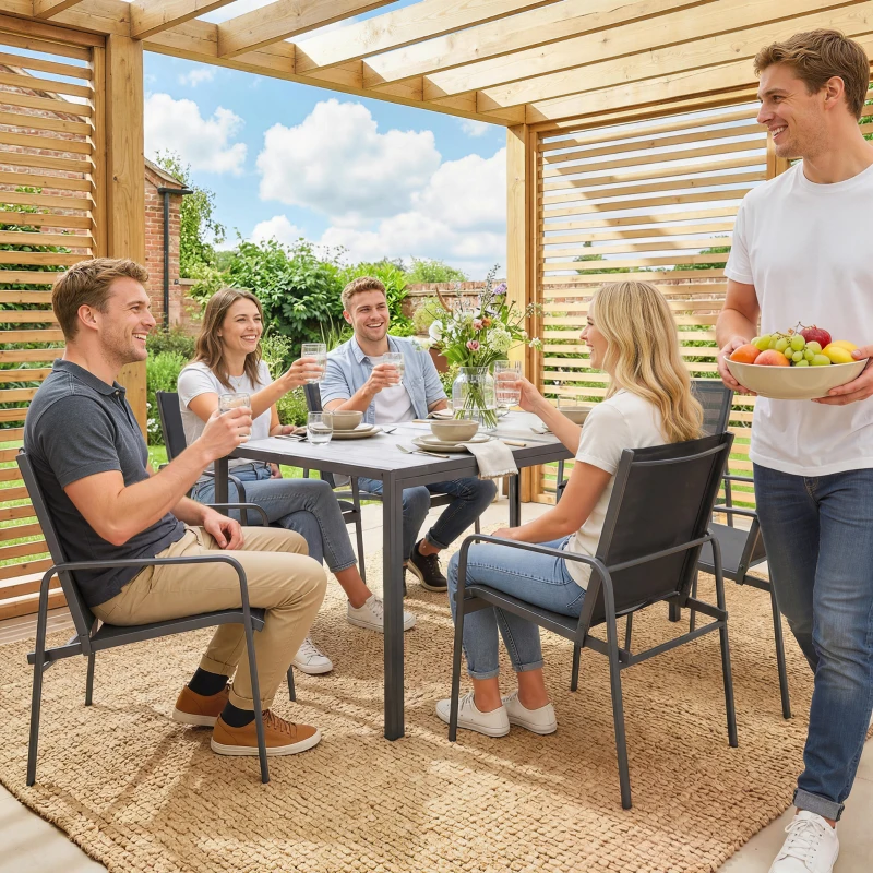 Outsunny Salon de Jardin Extérieur pour 6 Personnes, Table de Patio Effet Bois et Chaises avec Assise en Maille Respirante, Cadre en Acier Galvanisé, Noir