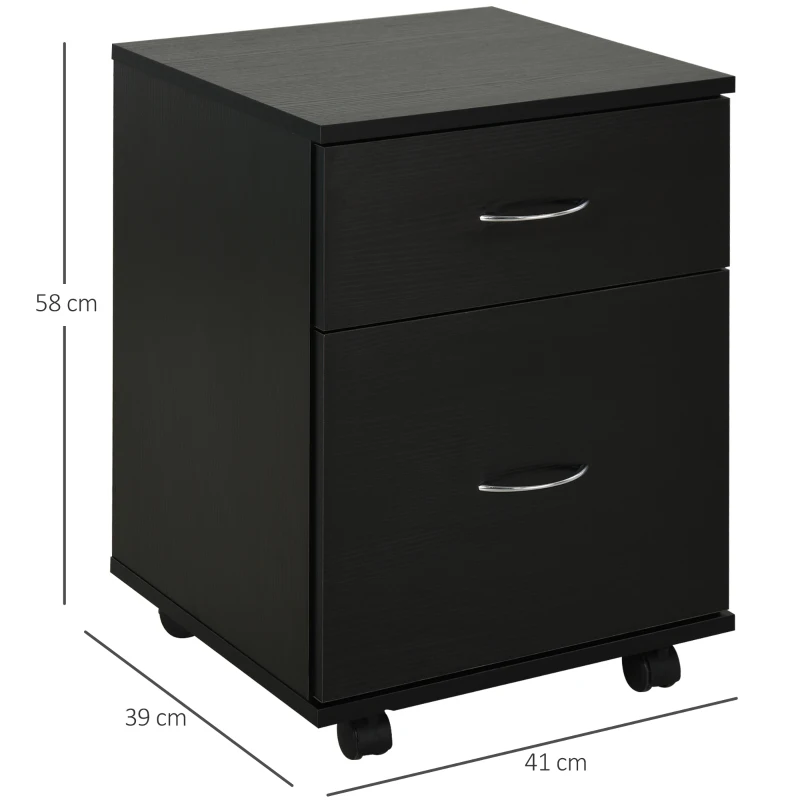 HOMCOM Cassettiera Ufficio e Casa 2 Cassetti e Ruote con Freno in Legno Nero