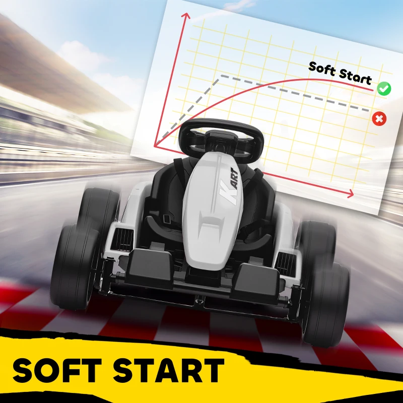 AIYAPLAY 24V Electric Go Kart, Drift Kart with Adjustable Seat, Slow Start, 5-Point Harness, Music, for 6-12 Years, White