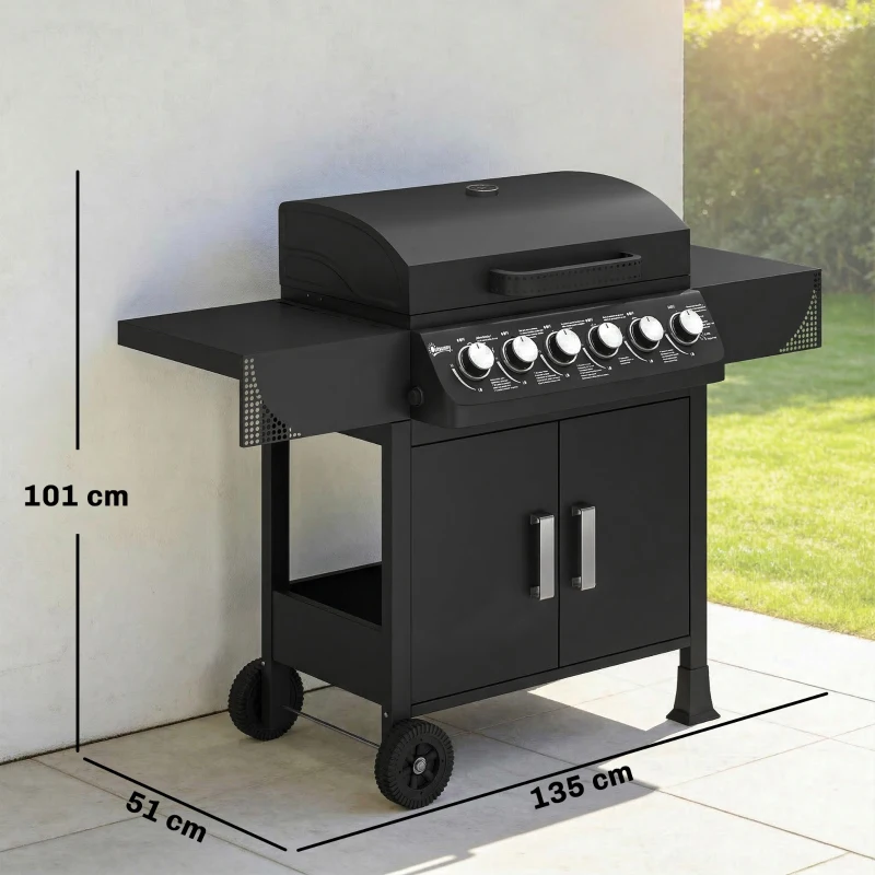 Outsunny Barbacoa de Gas con 6 Quemadores 15 kW Termómetro Parrilla Mesas Laterales Armario y Ruedas 135x51x101 cm Negro