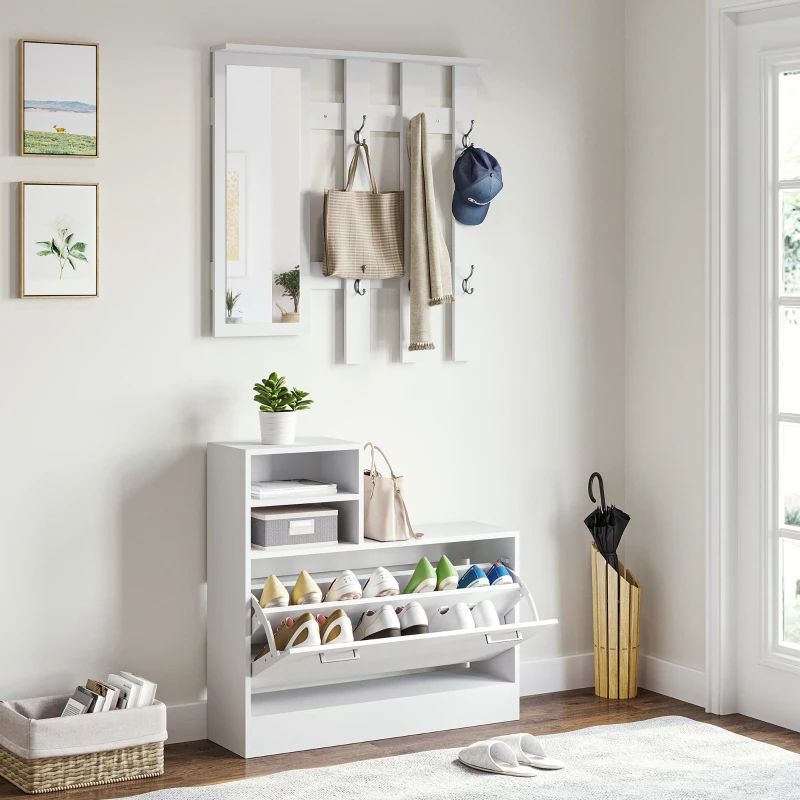 HOMCOM Recibidor con Espejo Perchero y Zapatero Muebles de Entrada con 6 Ganchos y Estantes para 8 Pares de Zapatos Blanco