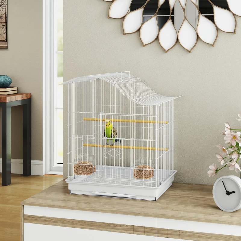 PawHut Gabbia per Uccelli a 4 Porte con 2 Ciotole, 2 Posatoi e Vassoio, in Metallo e Plastica, 47.5x36x54.5 cm, Bianco