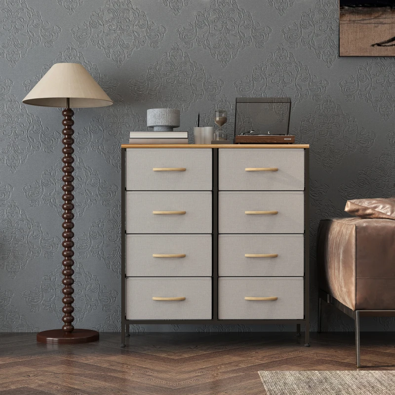 HOMCOM Fabric Chest of Drawers, Industrial Bedroom Dresser with 8 Fabric Drawers, Steel Frame and Wooden Top for Nursery, Living Room, Hallway, Cream White
