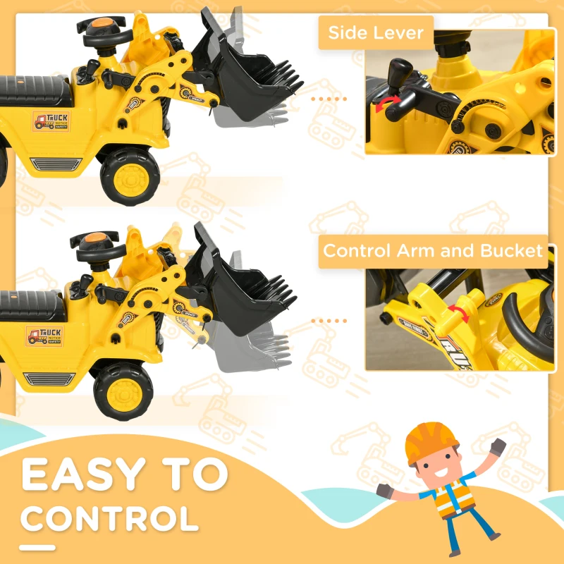 HOMCOM Ride On Tractor, 3 in 1 Ride On Excavator Toy, Toddler Digger Bulldozer with Storage, Pretend Play Construction Truck, NO POWER for 18-48 Months, Yellow