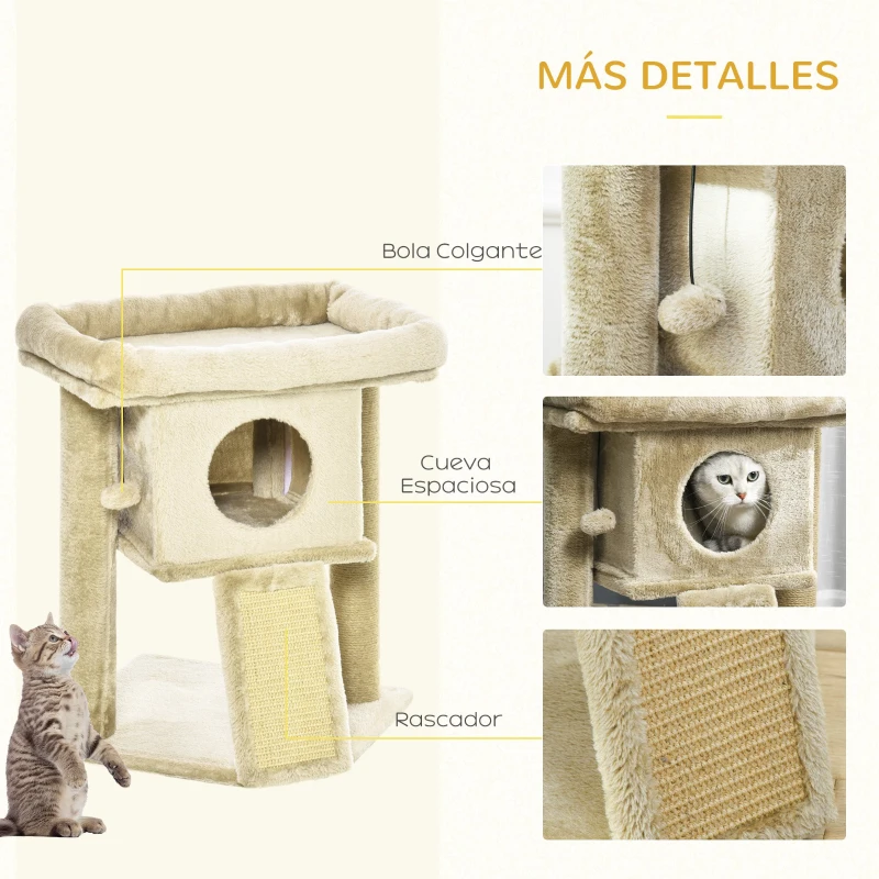 PawHut Árbol Rascador para Gatos Pequeños de 57 cm con Poste de Yute Rampa para Rascar Cama y Bola Colgante 40x40x57 cm Café