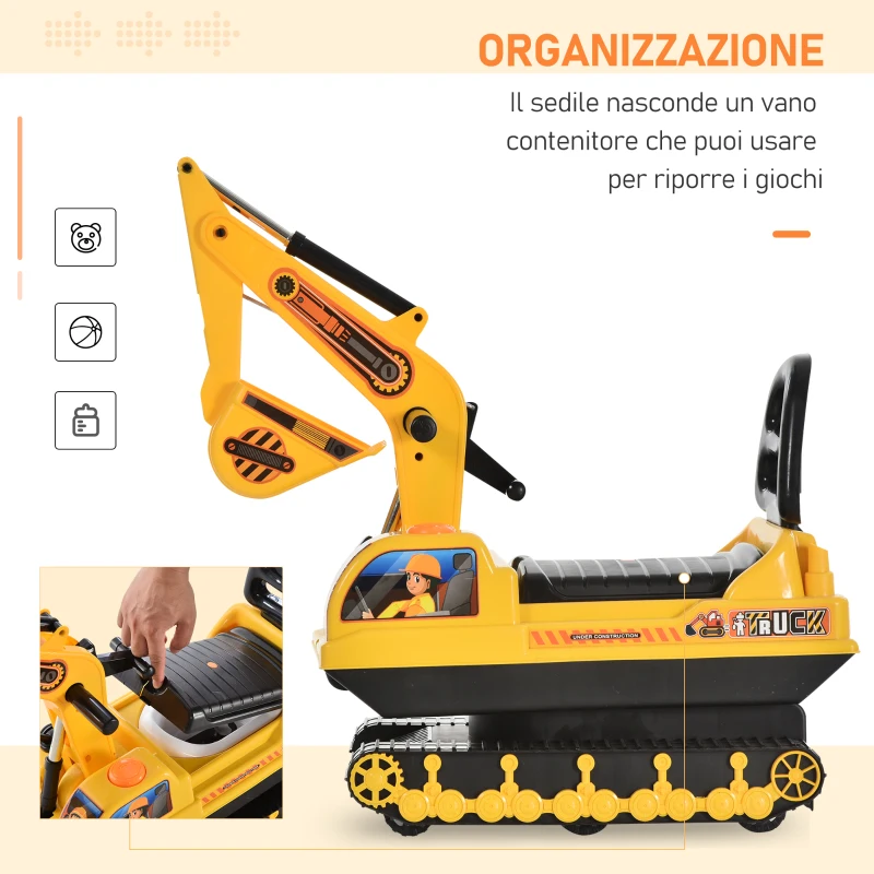 HOMCOM Escavatore Ruspa Giocattolo Cavalcabile per Bambini max. 30 kg con Schienale, Braccio Mobile e Vano Contenitore, 78x24x58.5cm