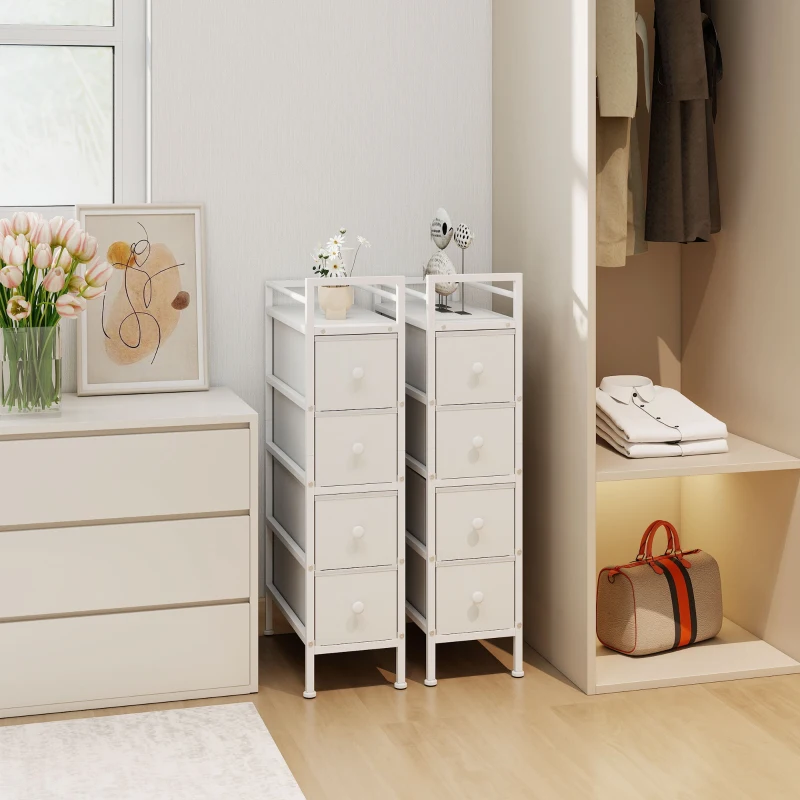 HOMCOM Cómoda con 4 Cajones de Tela Marco de Acero Cómoda para Dormitorio para Espacios Pequeños Salón Vestidor Blanco