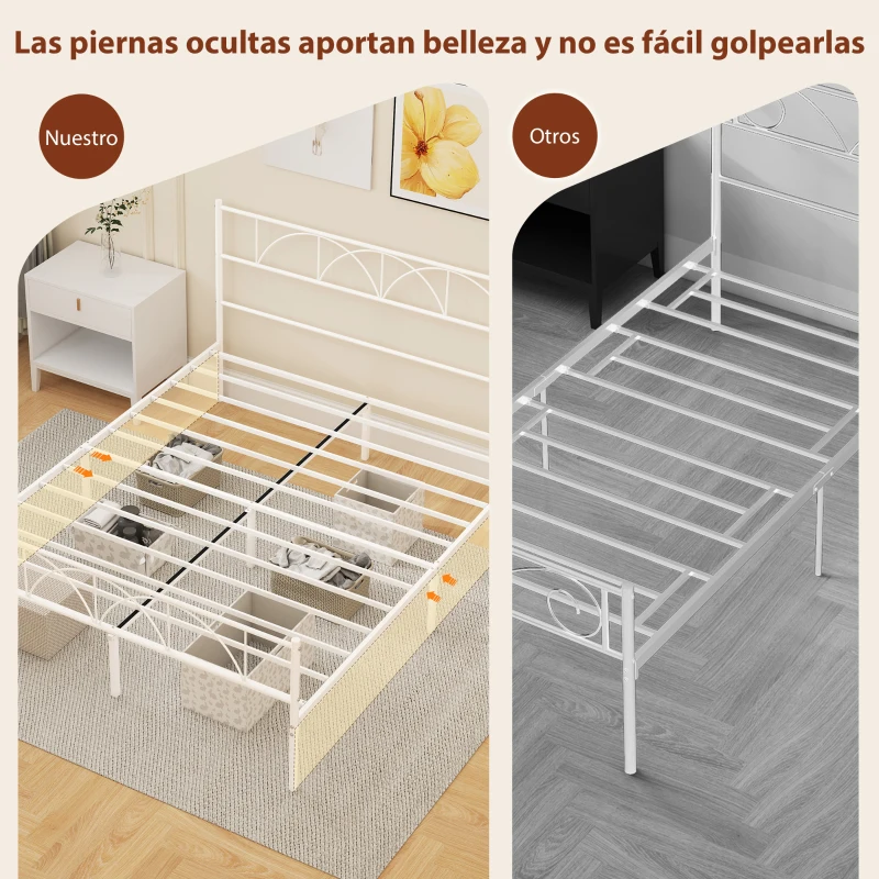 HOMCOM Estructura de Cama 160x200 cm con Cabecero Soporte de Listones de Acero Almacenamiento Bajo la Cama