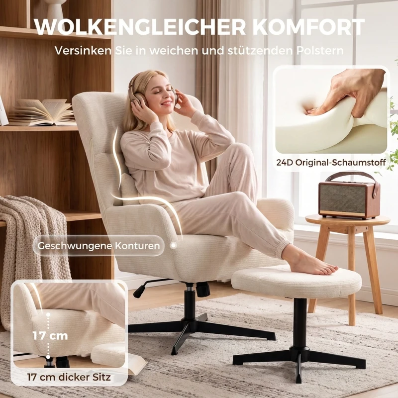 HOMCOM Obrotowy fotel lounge 360° z podnóżkiem, regulacja wysokości, obicie chenille, z poduszką lędźwiową, kremowo-biały