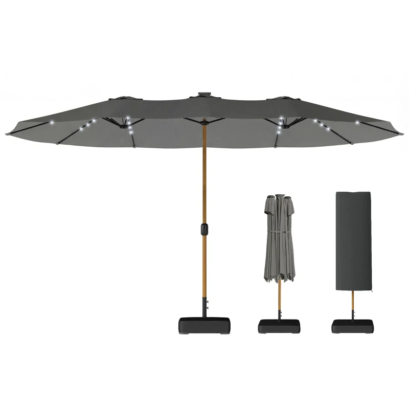 Outsunny Sombrilla Doble de Jardín 4,6x2,6 m con 48 Luces LED Base Incluida Manivela Sacos de Arena Anti-UV Gris Claro