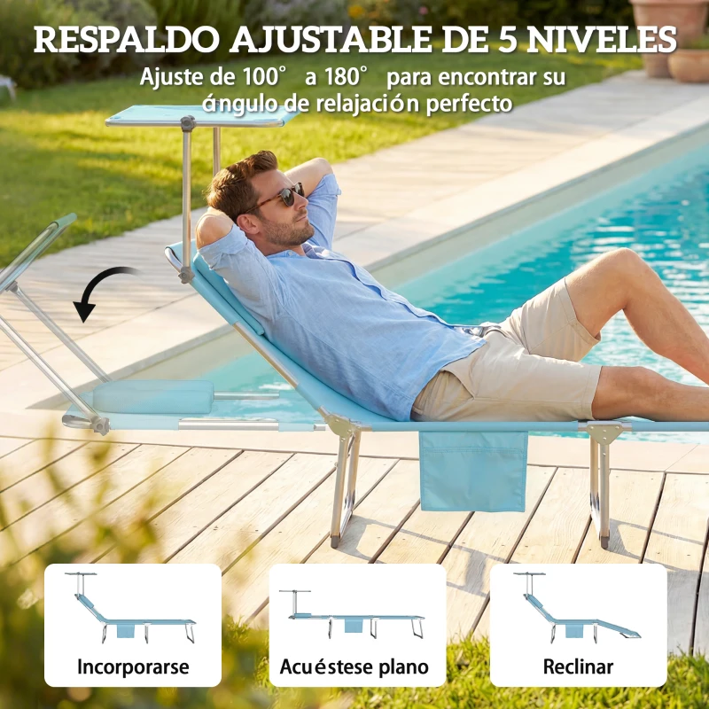 Outsunny Set de 2 Tumbonas Plegables Reclinables con Dosel 360° Orificio Facial Bolsillo Lateral y Textilene 550 g/m² Azul