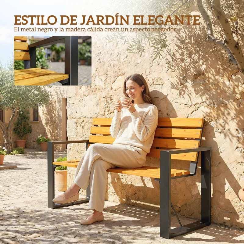 Outsunny Banco de Jardín Exterior de 2 Plazas con Respaldo y Asiento Listonado de Madera Marco de Acero 136x54x82 cm Natural