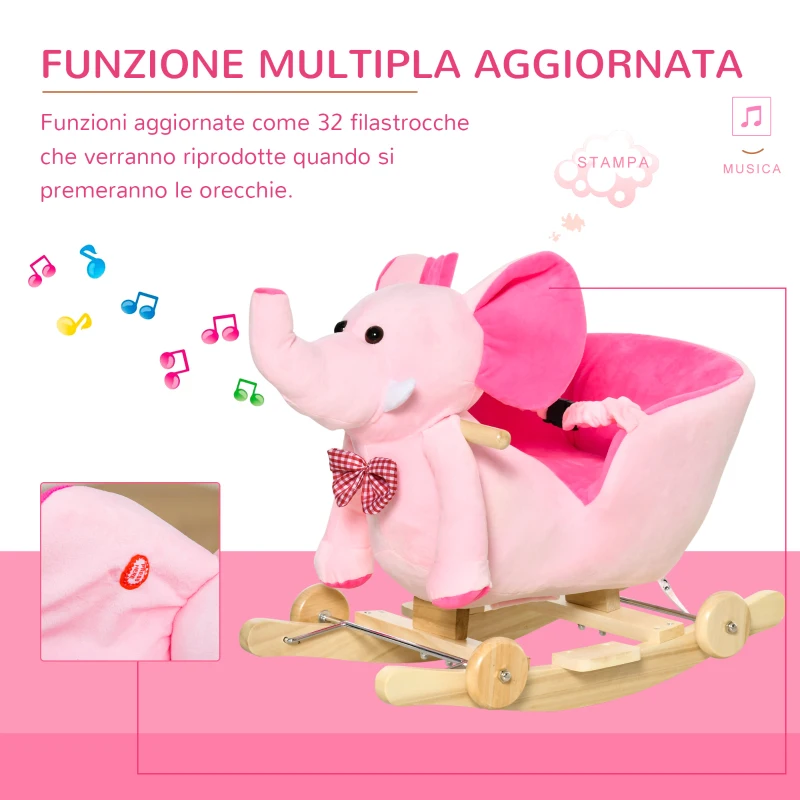 HOMCOM Animale a Dondolo a forma di Elefante con Rotelle e Cintura, in Peluche, Legno e Acciaio, 60x35x45 cm, Rosa