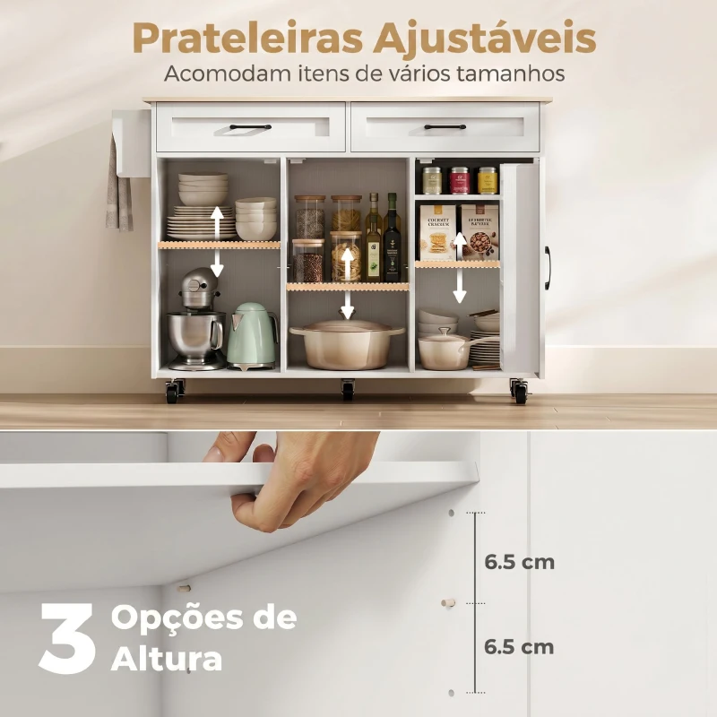 Ilha de Cozinha com Rodas HOMCOM e Tampo Extensível, 2 Gavetas, 3 Armários, Compartimentos na Porta e Toalheiro, Branco