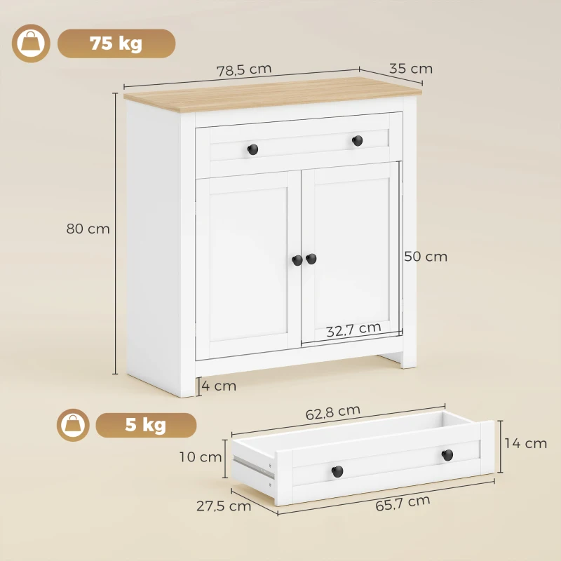 HOMCOM Sideboard Küchenschrank mit Schublade, Doppeltür, Verstellbarer Einlegeboden, für Wohnzimmer, 78,5 x 35 x 80 cm Weiß