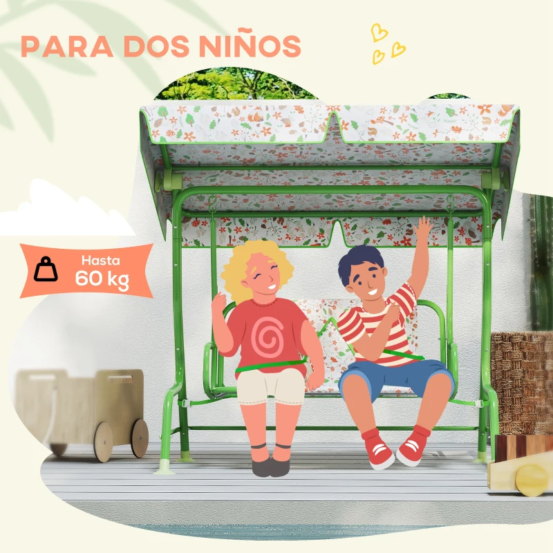 AIYAPLAY Columpio de Jardín Exterior para Niños de +3 Años con Toldo Ajustable Arnés de Seguridad 112x75x120 cm Verde
