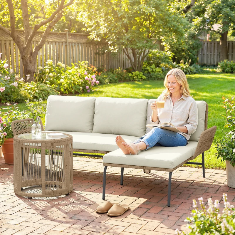Outsunny Conjunto de Muebles de Jardín Exterior de Ratán con Sofá de 2 Plazas Chaise Longue Cojines y Mesa Auxiliar Crema