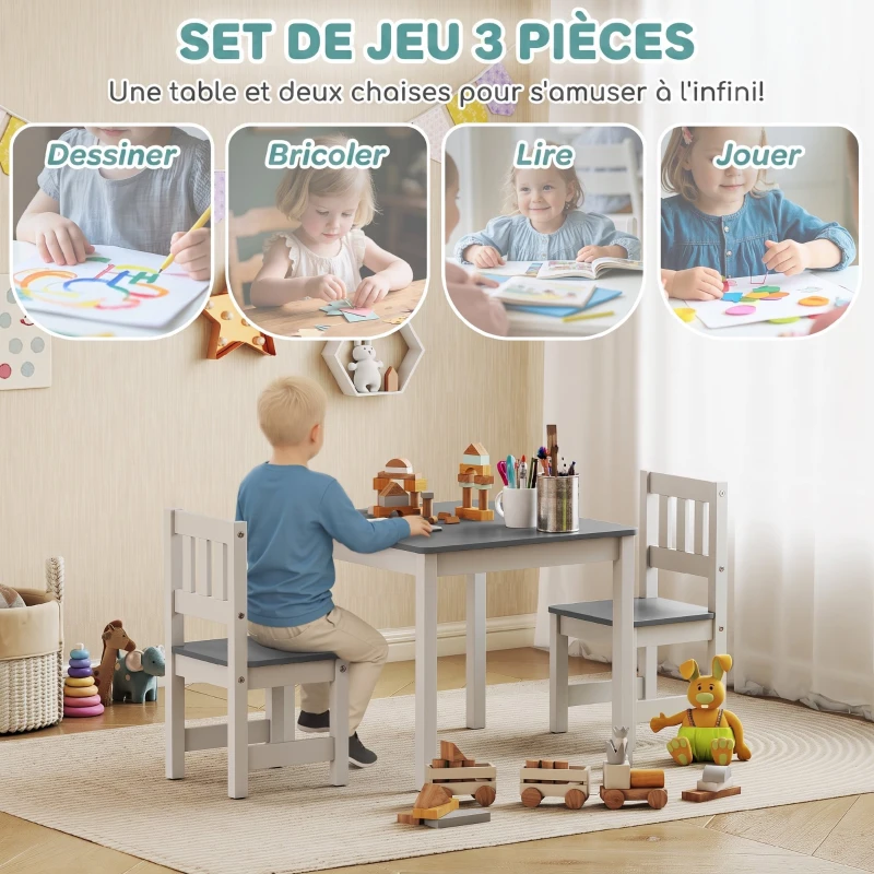 AIYAPLAY Table enfant avec chaise, lot table et 2 chaises enfant en bois pour dessiner, jouer, étudier, 56x52x48cm, gris