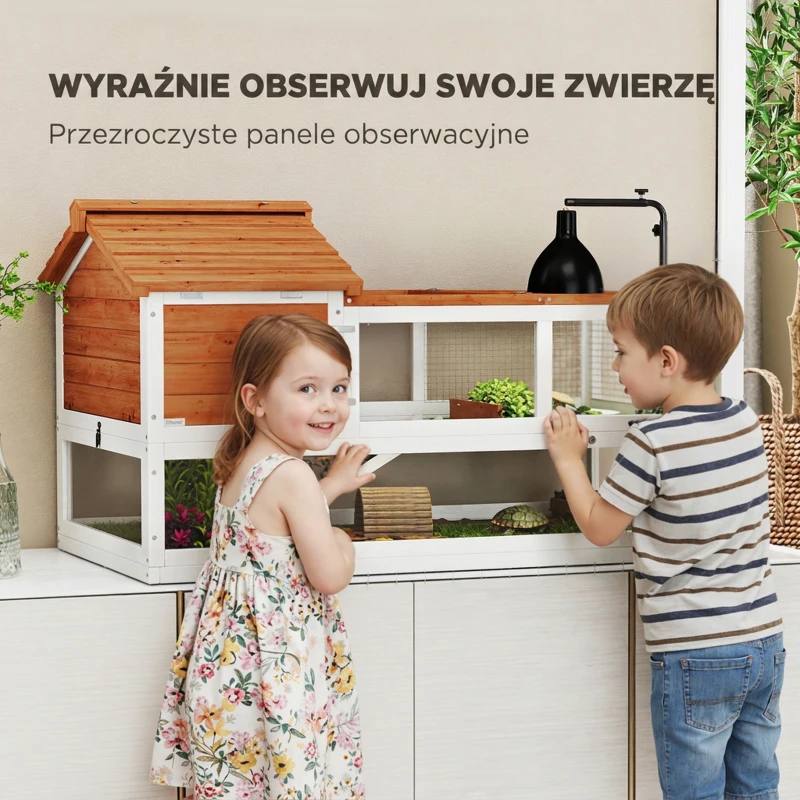 PawHut Terrarium dla żółwia drewniany domek wybieg dwupoziomowy z uchwytem na lampę i tacą 116x70,5x69,5 cm pomarańczowy