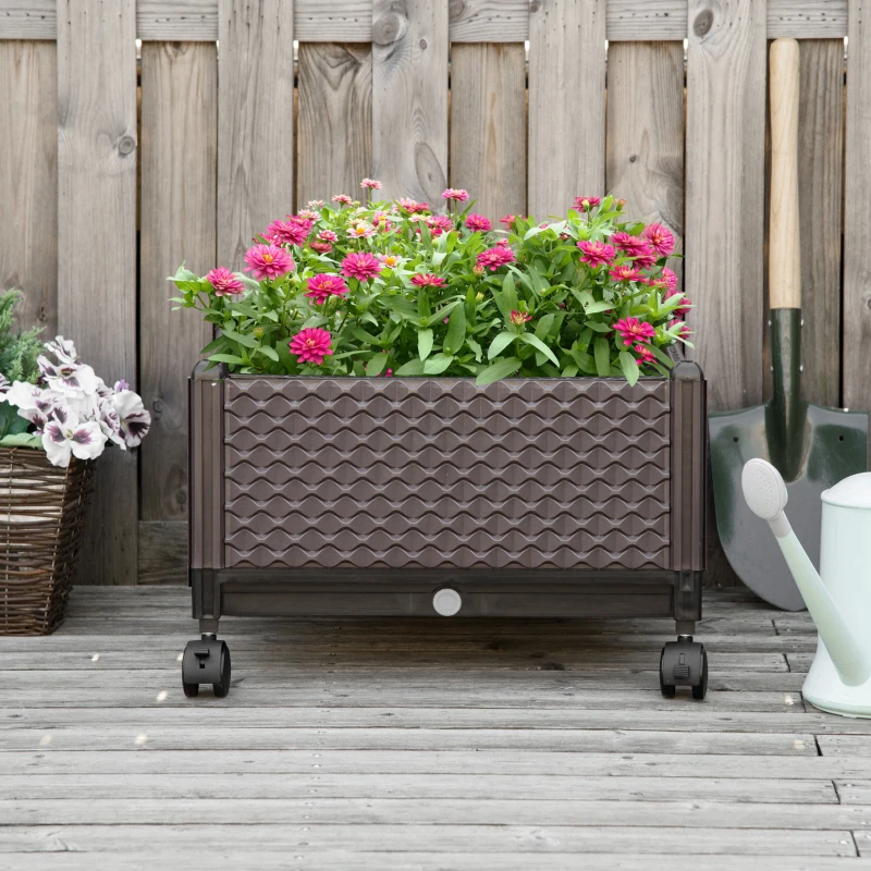 Outsunny Jardinera de Plástico con Ruedas y Agujeros de Drenaje para Cultivo de Plantas en Exterior 50x50x33 cm Marrón