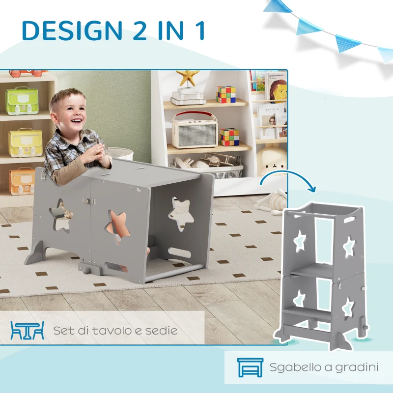 AIYAPLAY Scala Montessori Convertibile in Set Tavolo e Sedie con Barra di Sicurezza, in Legno, 60x44.5x86 cm, Grigio