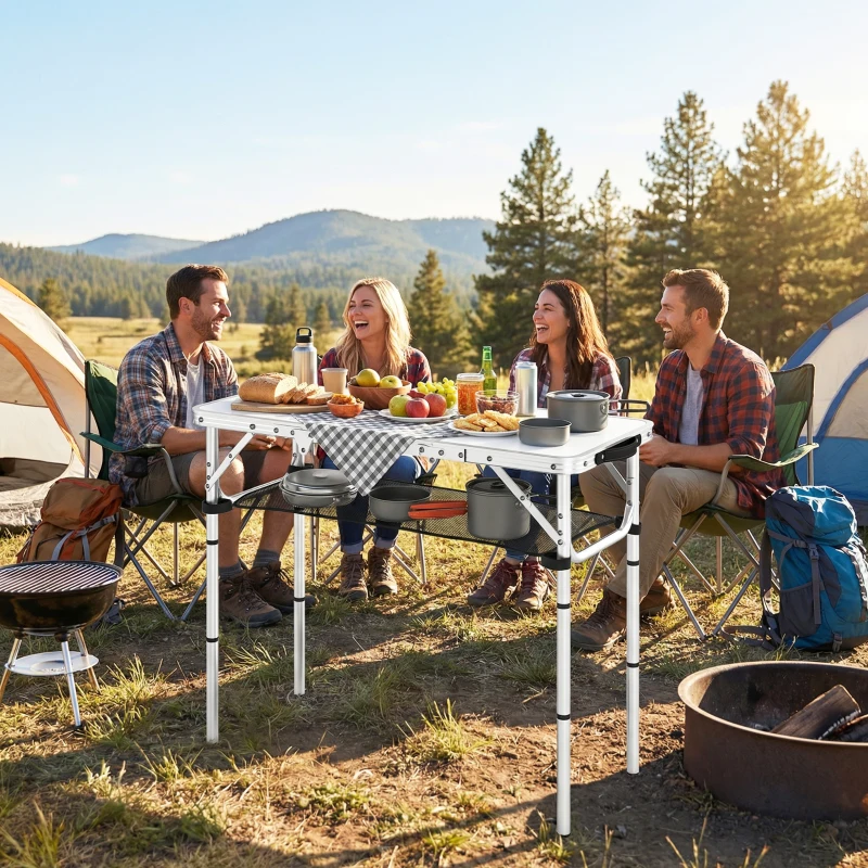 Outsunny 3ft Folding Camping Table, Picnic Table with Mesh Storage Layer, Carrying Bag and Metal Frame, Cream White
