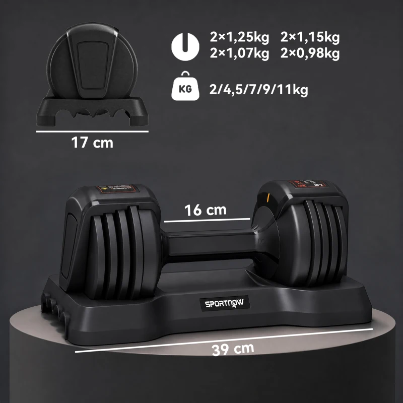 SPORTNOW Mancuerna Ajustable 11 kg Set 5 en 1 con Sistema Ajuste Rápido Bloqueo de Seguridad Agarre Antideslizante y Base