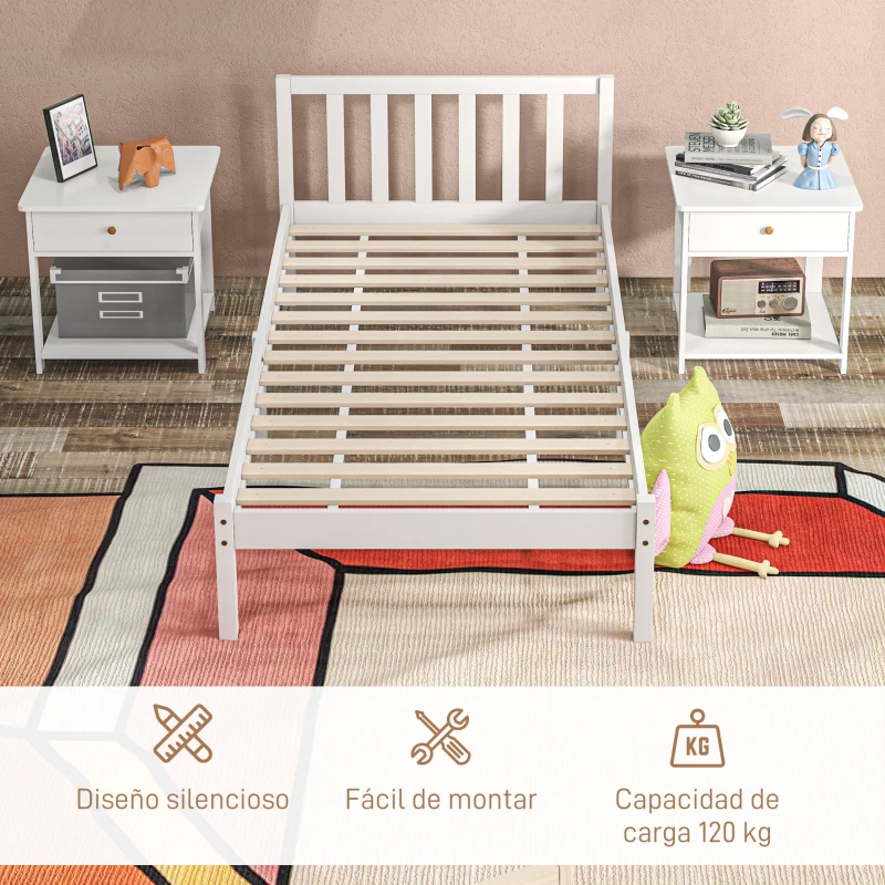 HOMCOM Cama de Madera Somier con Cabecera para Colchón de 90x190 cm (no incluido) Carga 120 kg 198x96x70 cm Blanco