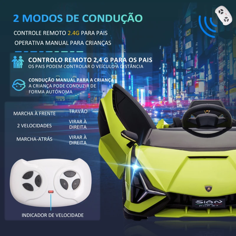 HOMCOM Carro Elétrico Infantil Lamborghini SIAN 12V para Crianças de 3-8 anos com Controle Remoto Abertura da Porta Música MP3 USB e Faróis 108x62x40 cm Verde