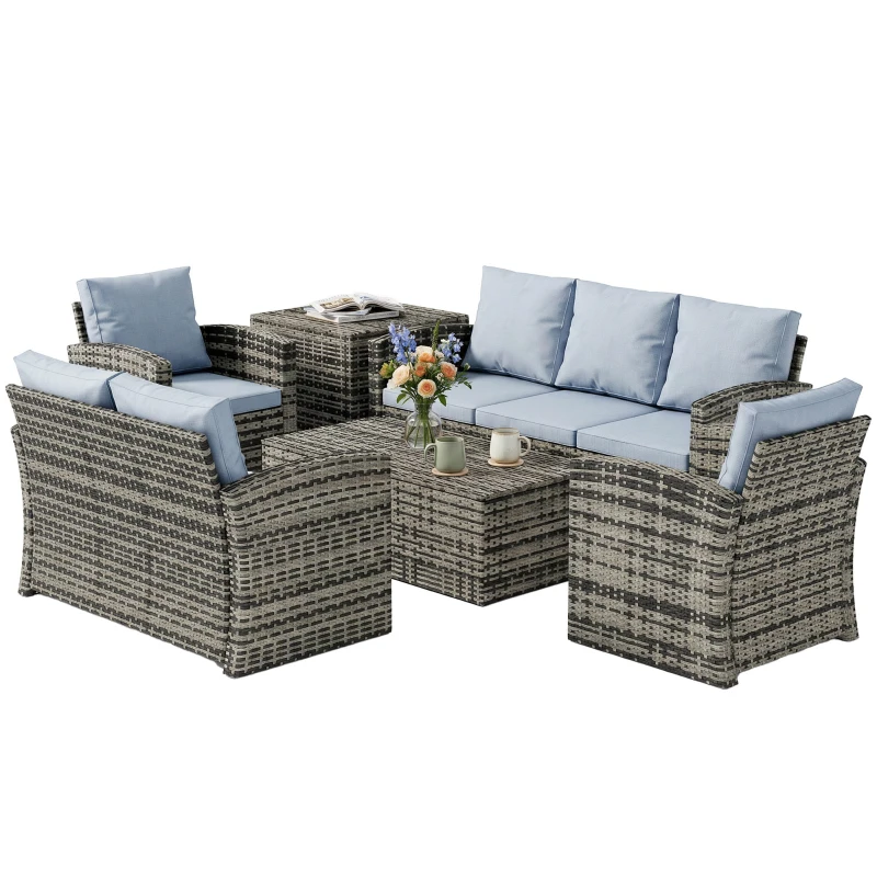 Outsunny 6 Pieces Rattan Garden Furniture Set, 7 Seater Wicker Outdoor Furniture Set with Storage Tea Table & Side Table, Sectional Garden Sofa Set with Cushions, Grey