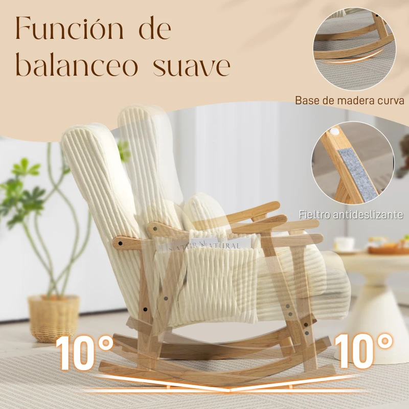 HOMCOM Silla Mecedora de Pana con Cojín Lumbar Patas y Reposabrazos de Madera de Caucho Bolsillo Estilo Moderno Beige