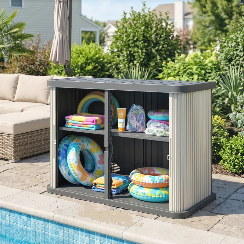 Outsunny Coffre de Rangement Extérieur 480 L, 2 Niveaux avec Portes Coulissantes Résistant aux UV, 120,5x59,5x92cm, Marron Clair