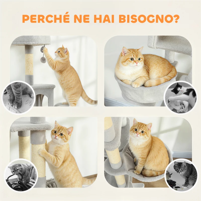 PawHut Albero Tiragraffi per Gatti con Scala, 2 Amache, 3 Posatoi, 2 Casette e 3 Piattaforme, 48x48x192 cm, Grigio e Crema