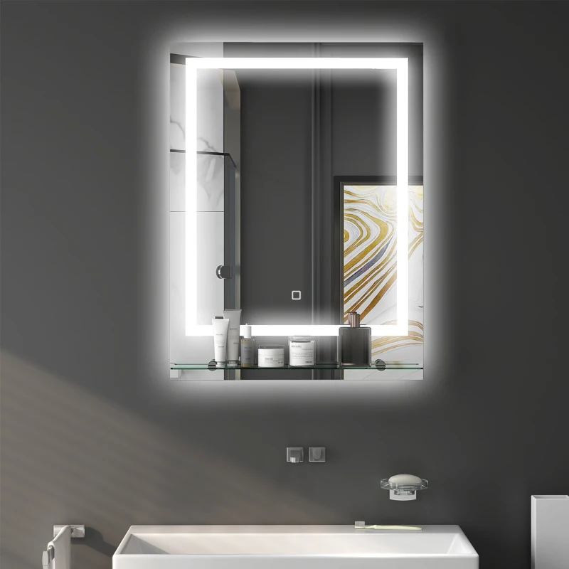 kleankin Large Vanity Mirror with Lights and Shelf, Illuminated bathroom Mirror with 3 Colour Brightness, Smart Touch, Anti-Fog