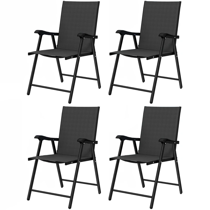 Outsunny Conjunto de 4 Sillas de Jardín Exterior Plegables con Respaldo Alto y Reposabrazos para Terraza Playa 58x62x97 cm Negro