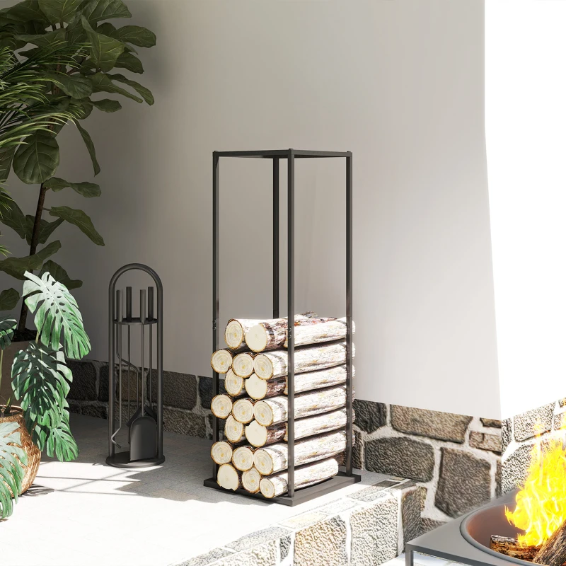 Outsunny Estante de Leña Metálico de Chimenea Soporte para Leña con Base Elevada Anti-vuelco Carga 100 kg 33x33x110 cm Negro