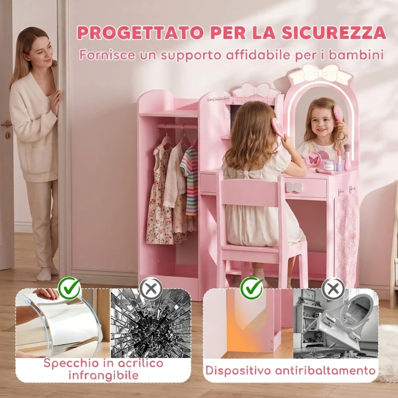AIYAPLAY Toeletta per Bambini 3 in 1 con Sgabello, Specchio con Luci a 2 Colori e Appendiabiti, Rosa, 3-8 Anni