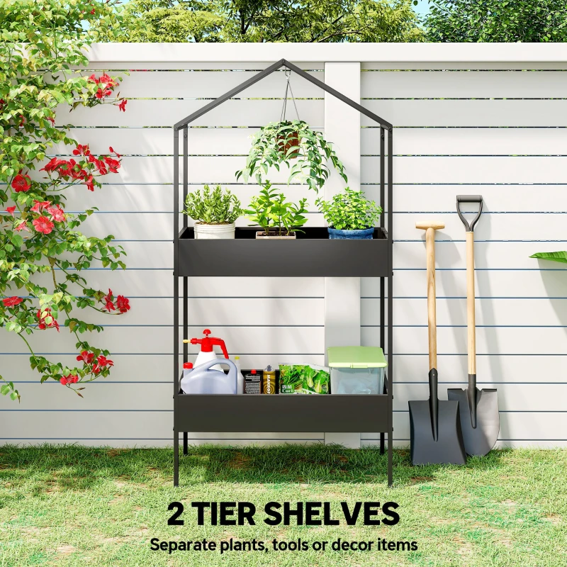 Outsunny 2 Tier Plant Stand, Outdoor Indoor Metal Plant Stand with Hook, House-Shaped Pots Holder Display Rack, Black