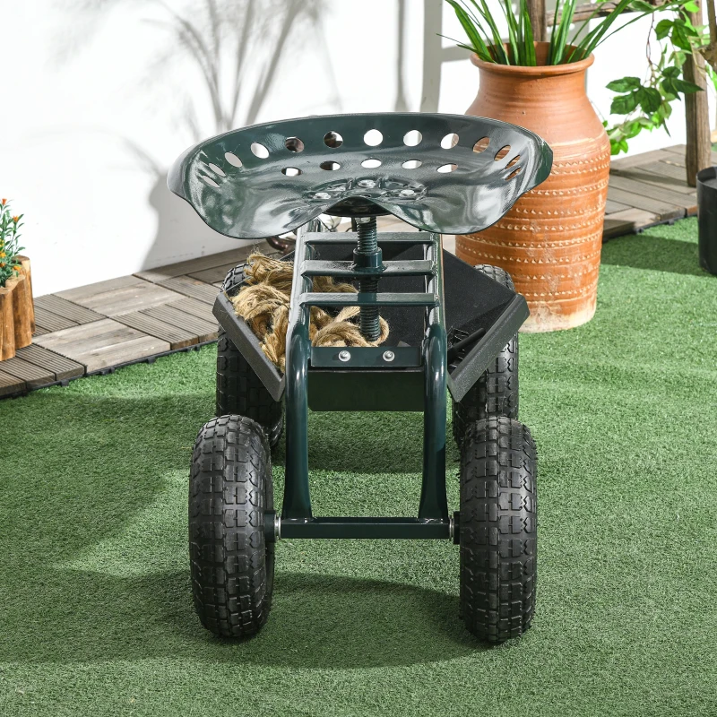 Outsunny Cărucior de grădină cu scaun reglabil și tavă inferioară, din oțel și PP, 83x36.5x45-60 cm, verde închis