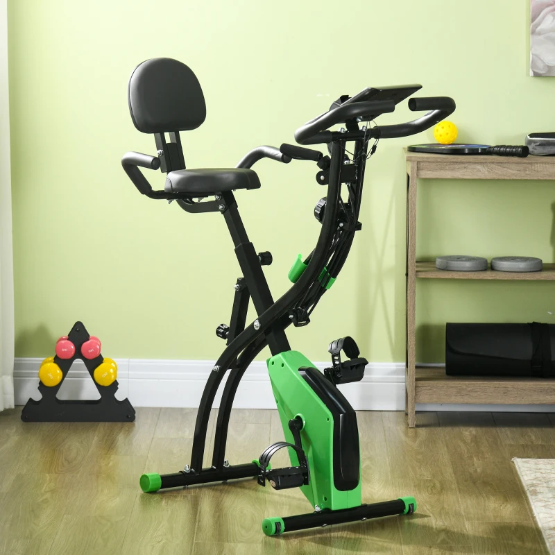 HOMCOM Vélo d'Appartement Pliable 4-en-1 - Ergomètre Magnétique Silencieux avec Cordes de Résistance - Sport Maison et Cardio-training avec Roulettes, Selle Confort et LCD (Max 120kg), Vert