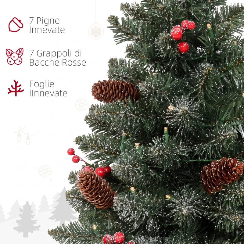 HOMCOM Mini Albero di Natale 60 cm con Luci Incorporate, 86 Rami, Pigne, Bacche Rosse, Base in Cemento, Verde