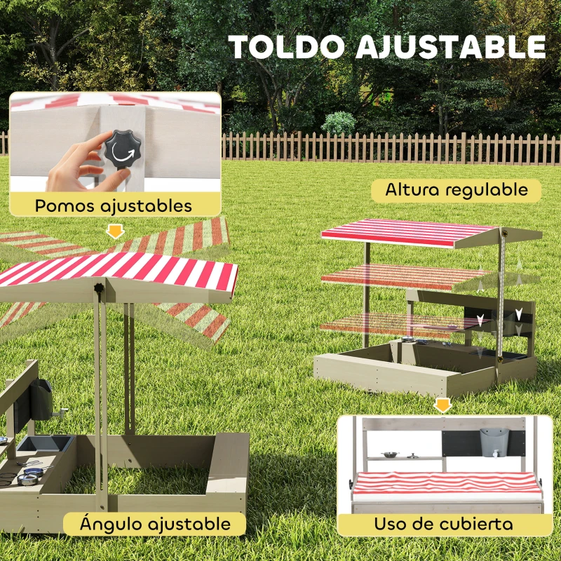 Outsunny Arenero de Madera para Niños con Techo Regulable con Juguetes de Cocina Juego para Niños de 3-7 Años 114x110x110 cm Gris