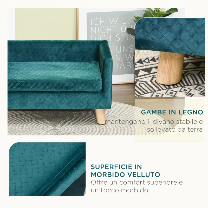 PawHut Divanetto per Cani e Gatti Stile Scandinavo con Cuscino Imbottito in Velluto e Legno, 64x45x36cm, Blu