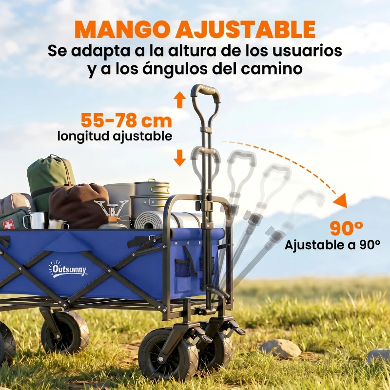 Outsunny Carro de Jardín Plegable con Longitud y Ángulo del Mango Ajustables y Bolsa de Transporte Carga 100 kg Azul Oscuro