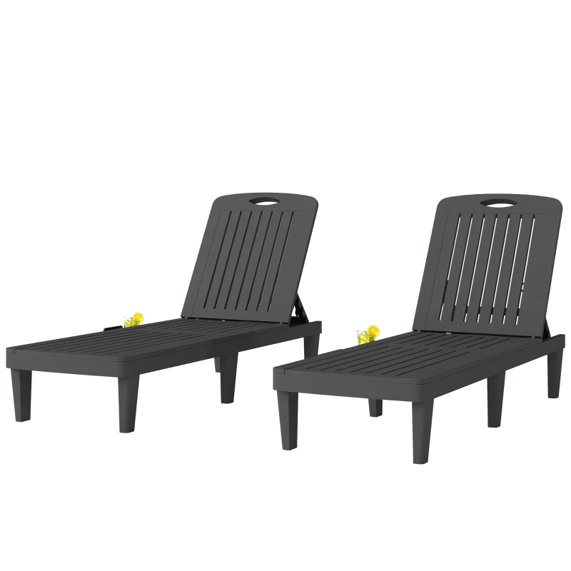 Outsunny Conjunto de 2 Tumbonas Reclinables de Plástico PP con Bandeja Lateral Respaldo Ajustable 5 Niveles 192x57x28,5 cm Gris