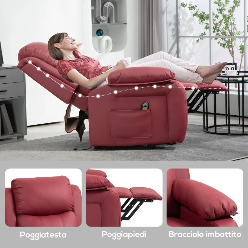 HOMCOM Poltrona Alzapersona Reclinabile con Poggiapiedi e Telecomando, in Pelle PU, 76x90x105 cm, Rosso