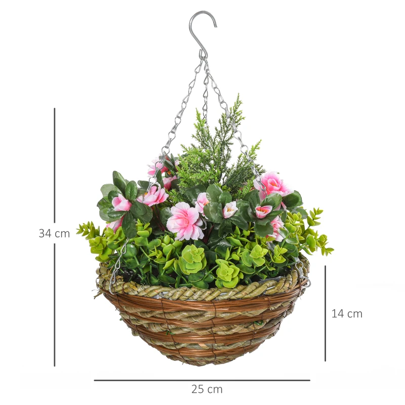 Outsunny Set 2 Piante Finte di Lisianthus con Vaso e Gancio, Piante Artificiali in PE e Vimini, Ø25x34 cm, Verde e Rosa
